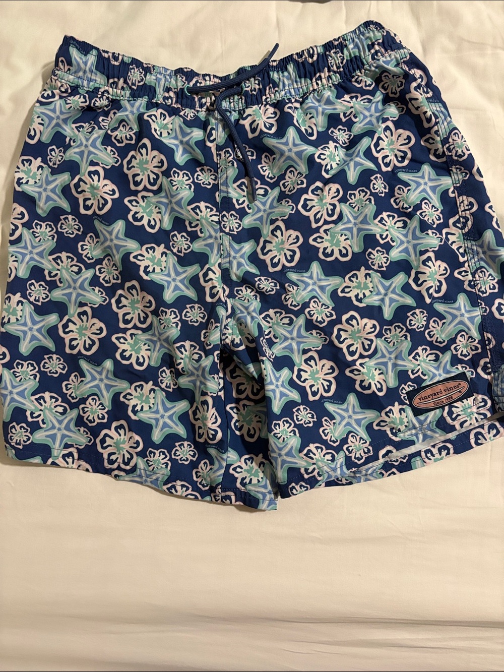 Vineyard Vines Navy Blue Starfish & Floral Kids Swim Trunks